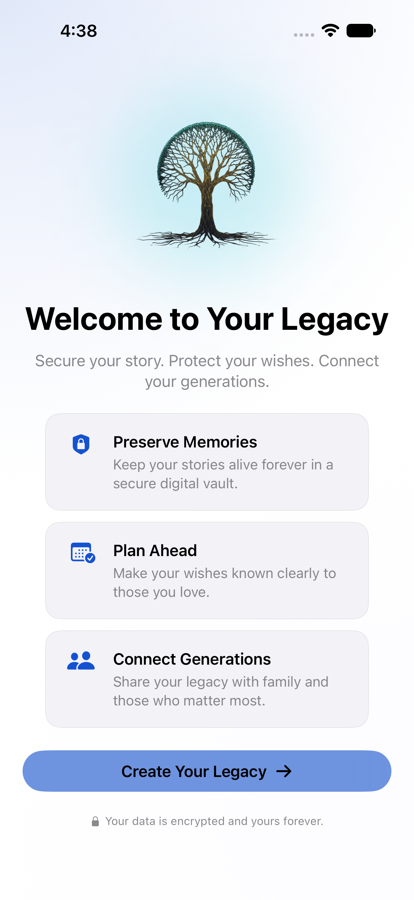LegacyNotes welcome screen