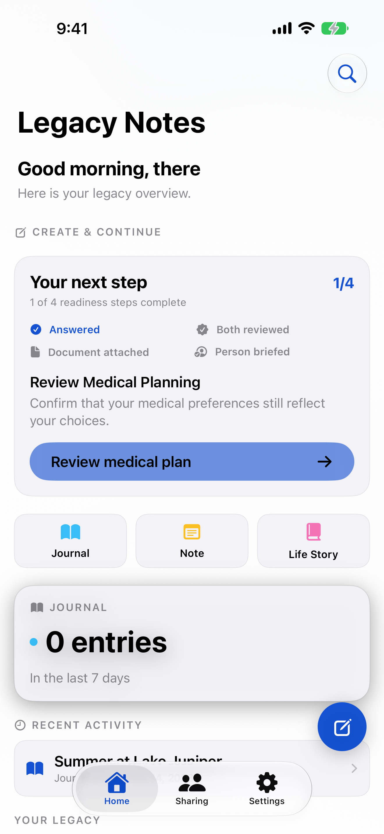 LegacyNotes home screen showing planning and memory sections