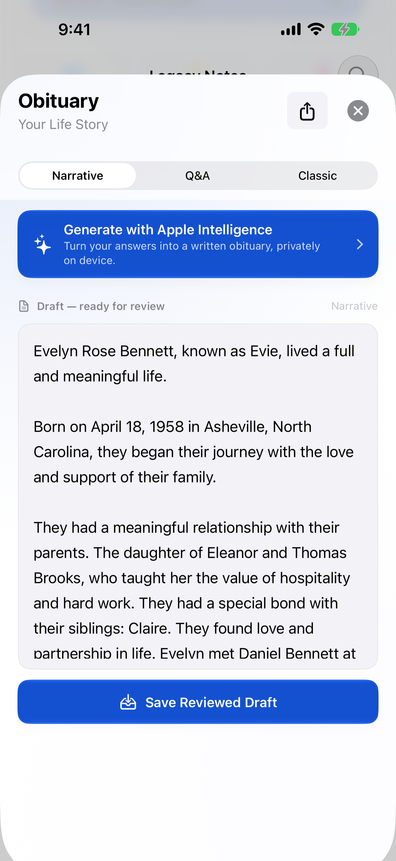 Guided obituary builder in LegacyNotes